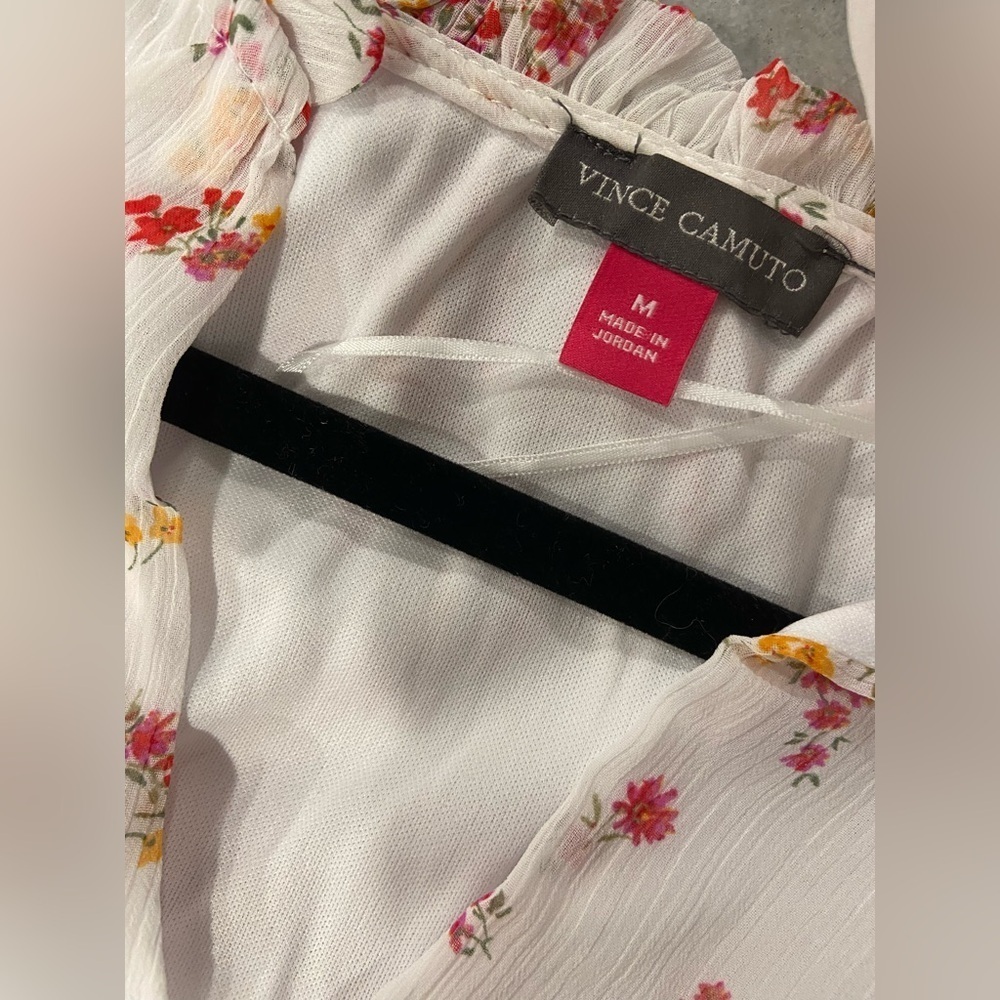 NWT Vince Camuto Size M White Floral Ruffle Flowy Long Sleeve Sheer Mini Dress - Picture 11 of 14